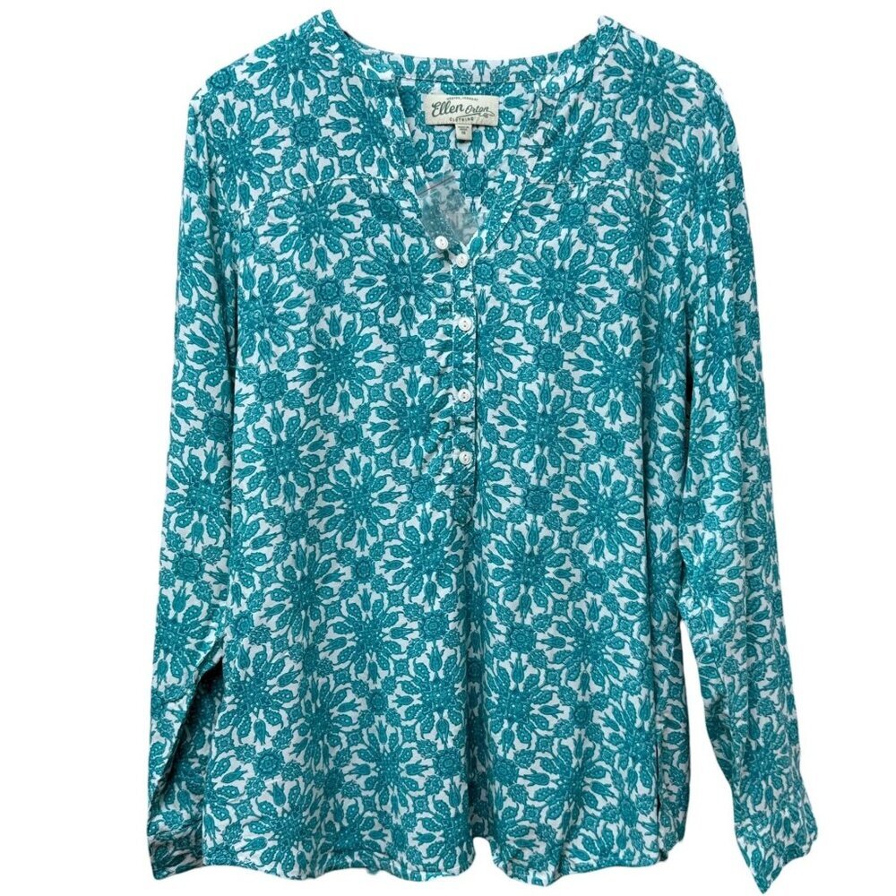 ELLEN ORTON Tunic Blouse Plus Size 1X Turquoise Blue Paisley Vermont NWOT